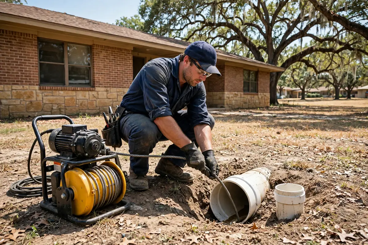 Drain Cleaning Abilene, TX — a technician clearing a drain at a home cleanout