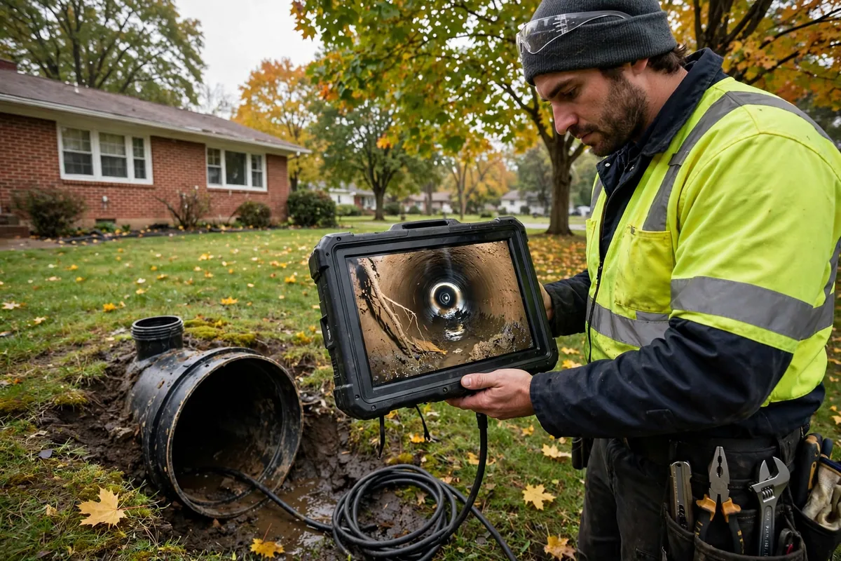 Drain Cleaning Addyston, OH — a technician with a sewer camera at a yard cleanout