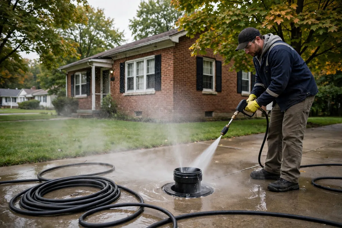 Drain Cleaning Adelphi, OH — a drain pro clearing the main line at a suburban home
