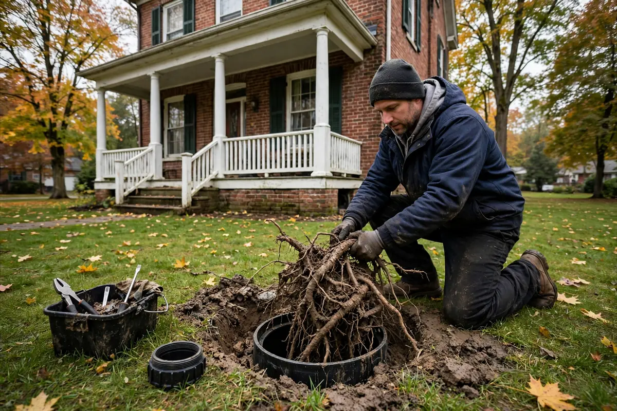Drain Cleaning Adena, OH — a technician clearing a drain at a home cleanout