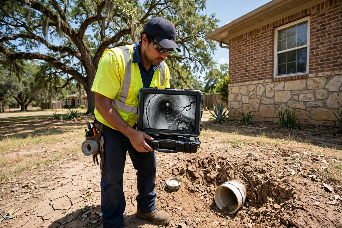 Drain Cleaning Adkins, TX — a technician with a sewer camera at a yard cleanout