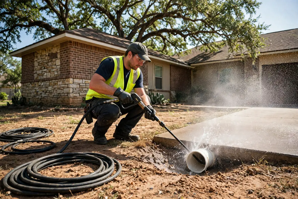 Drain Cleaning Aiken, TX — a drain pro clearing the main line at a suburban home