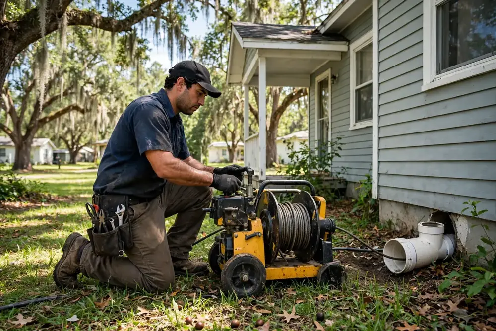 Drain Cleaning Alachua, FL — a technician clearing a drain at a home cleanout under oak trees