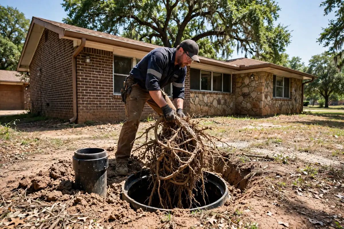 Drain Cleaning Alba, TX — a technician clearing a drain at a home cleanout