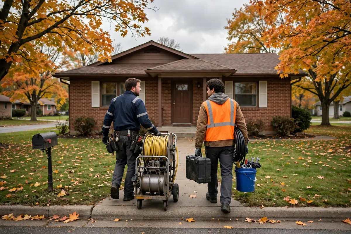 Drain Cleaning Albany, OH — a technician with a sewer camera at a yard cleanout