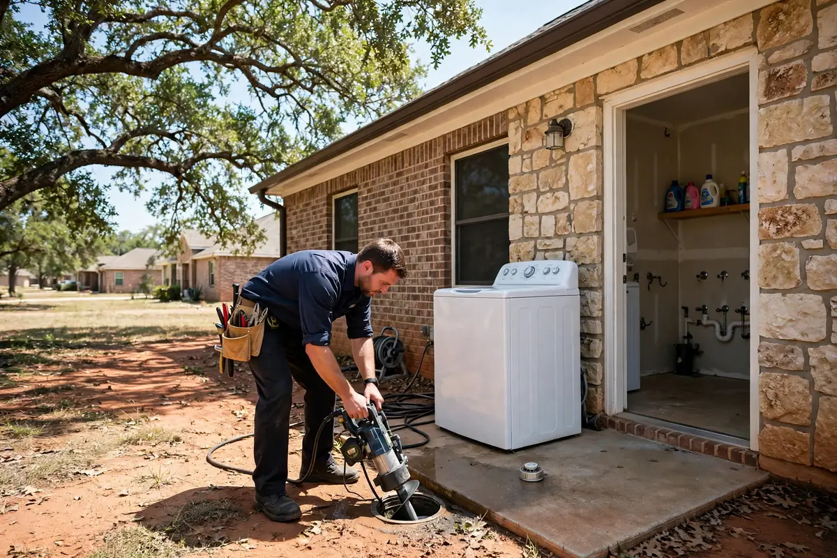 Drain Cleaning Aledo, TX — a pro running a drain machine at an outdoor cleanout