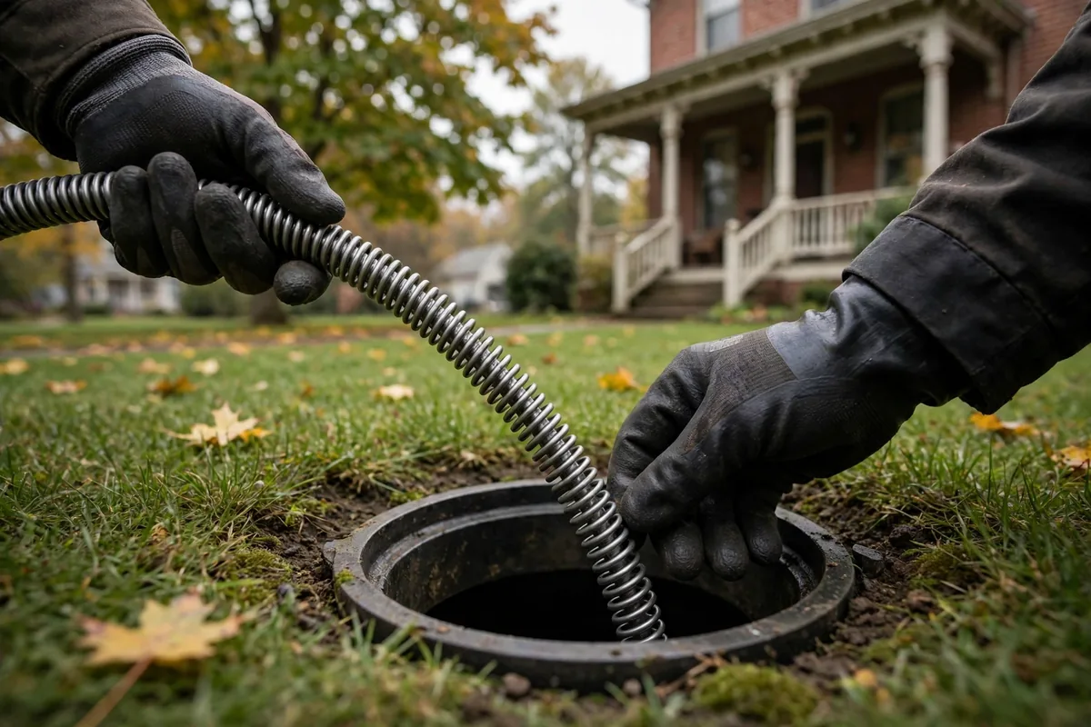 Drain Cleaning Alexandria, OH — a drain pro clearing the main line at a suburban home