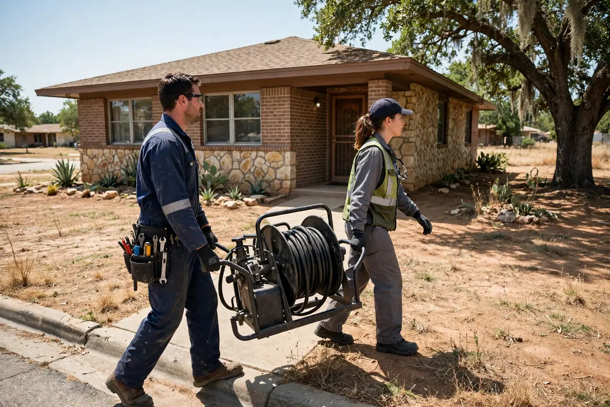 Drain Cleaning Alice, TX — a technician with a sewer camera at a yard cleanout