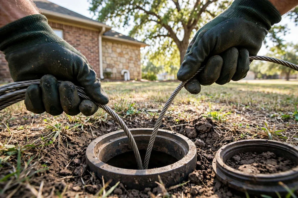 Drain Cleaning Alief, TX — a drain pro clearing the main line at a suburban home