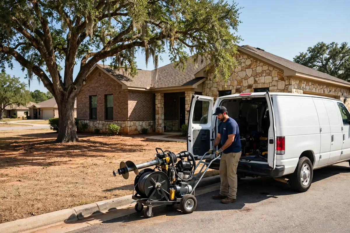 Drain Cleaning Alleyton, TX — a pro running a drain machine at an outdoor cleanout