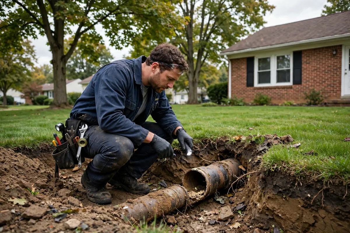 Drain Cleaning Alpha, OH — a drain pro clearing the main line at a suburban home