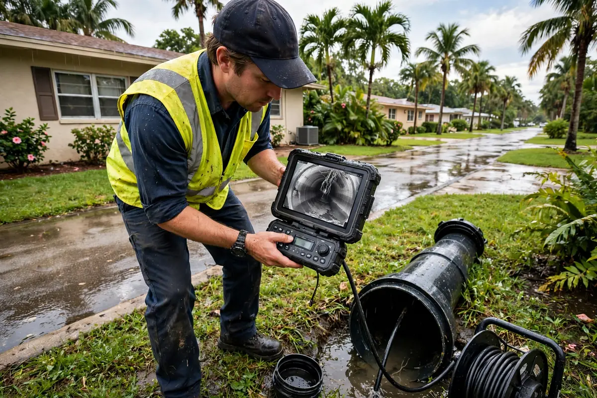 Drain Cleaning Altamonte Springs, FL — a technician with a sewer camera at a yard cleanout