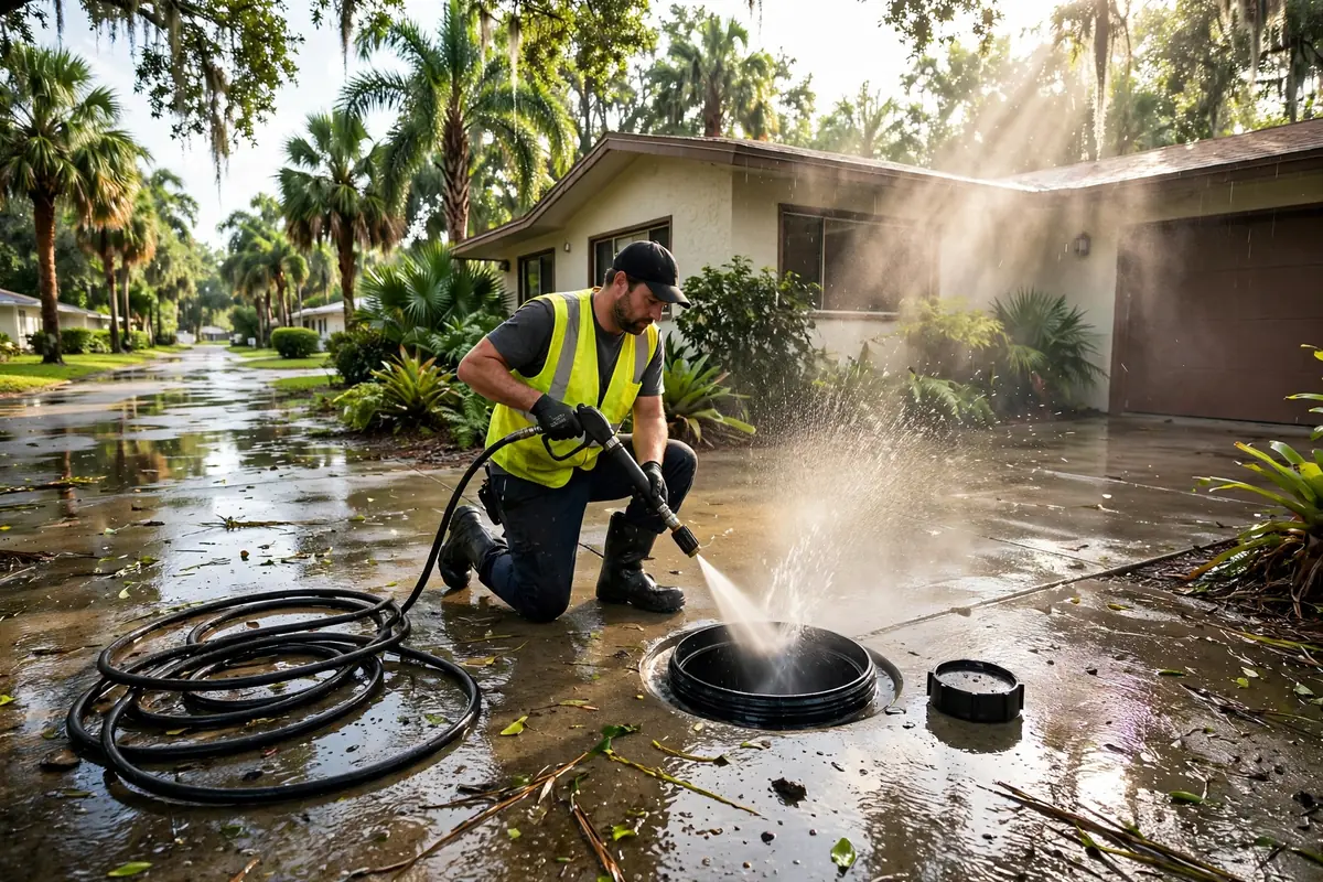 Drain Cleaning Altha, FL — a drain pro clearing the main line at a suburban home