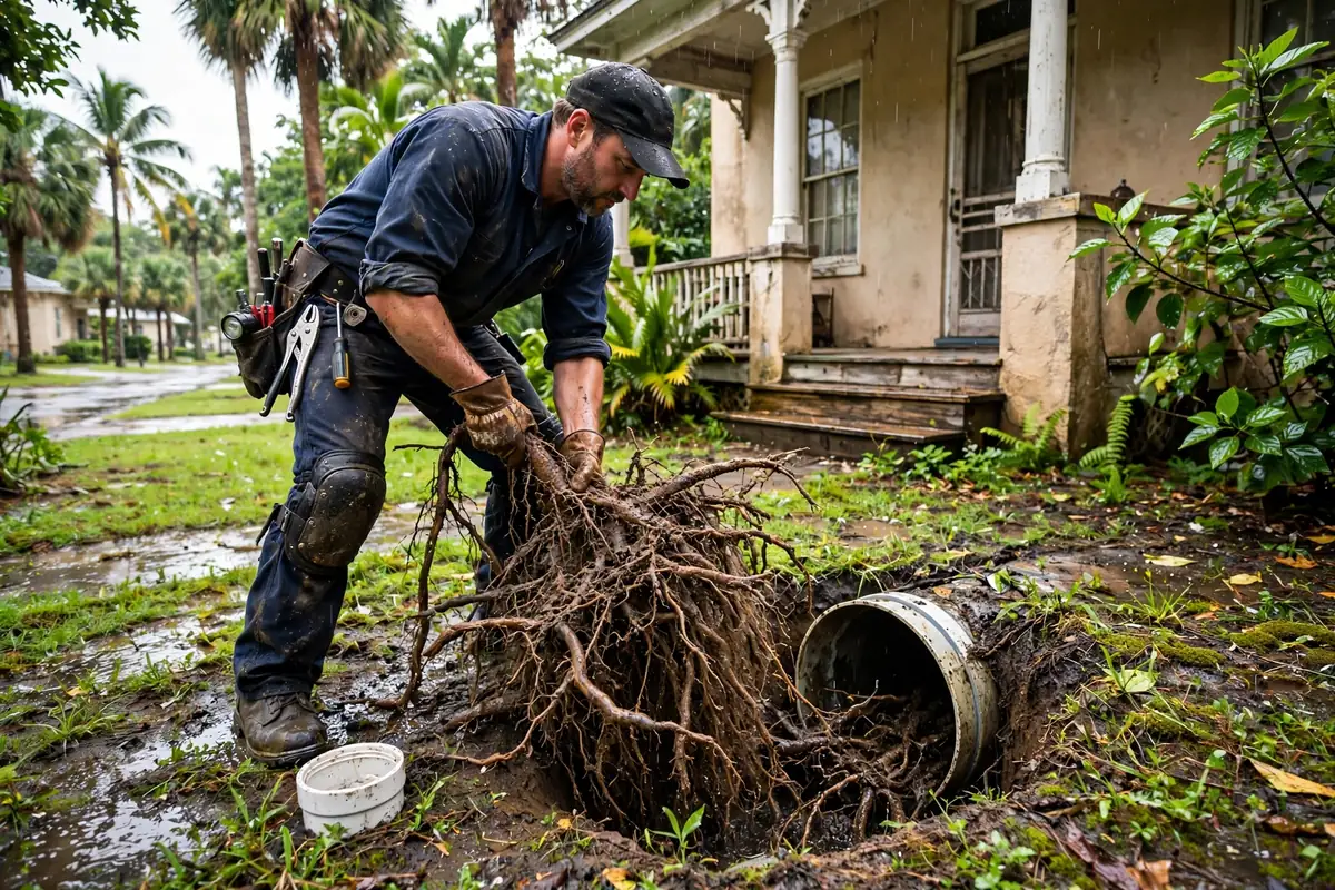 Drain Cleaning Altoona, FL — a technician clearing a drain at a home cleanout