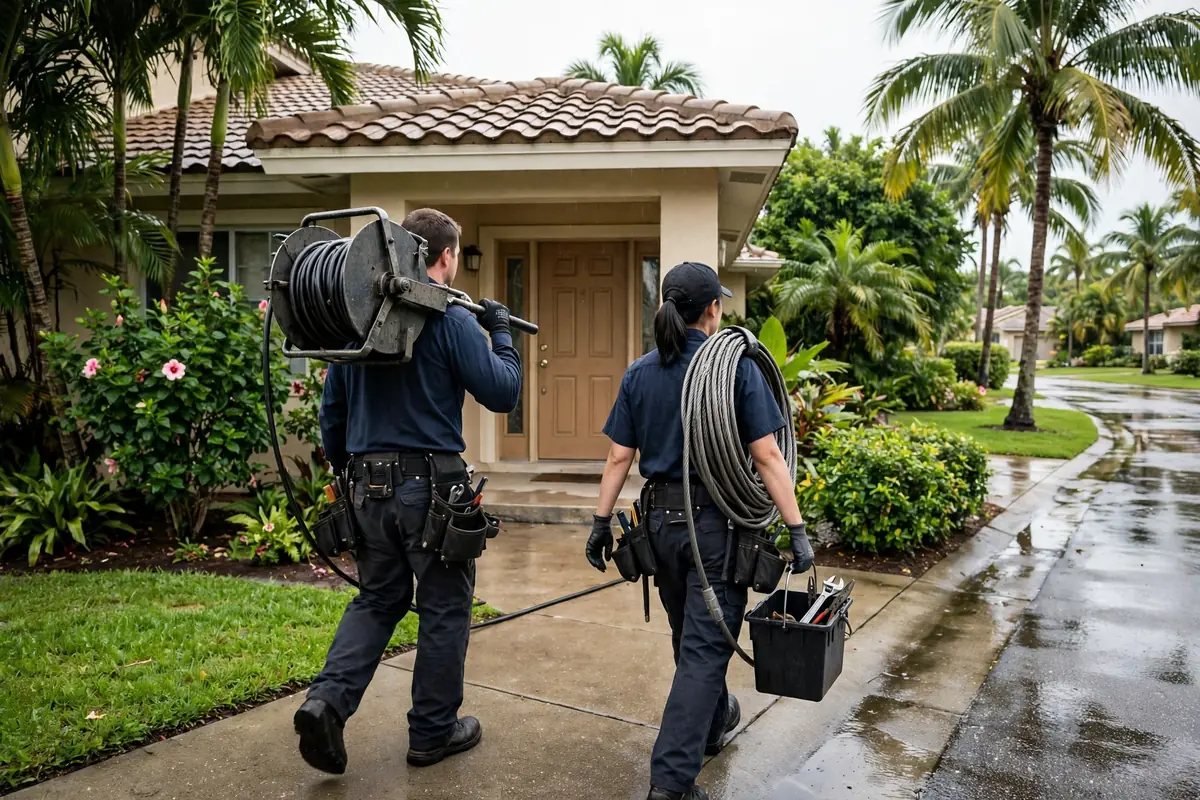 Drain Cleaning Alva, FL — a technician with a sewer camera at a yard cleanout