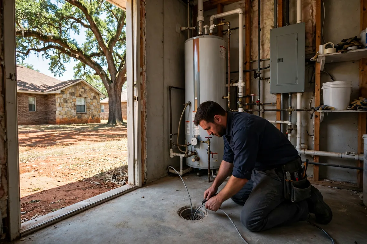 Drain Cleaning Alvarado, TX — a technician with a sewer camera at a yard cleanout