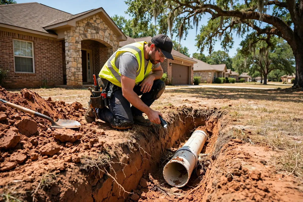 Drain Cleaning Alvin, TX — a drain pro clearing the main line at a suburban home