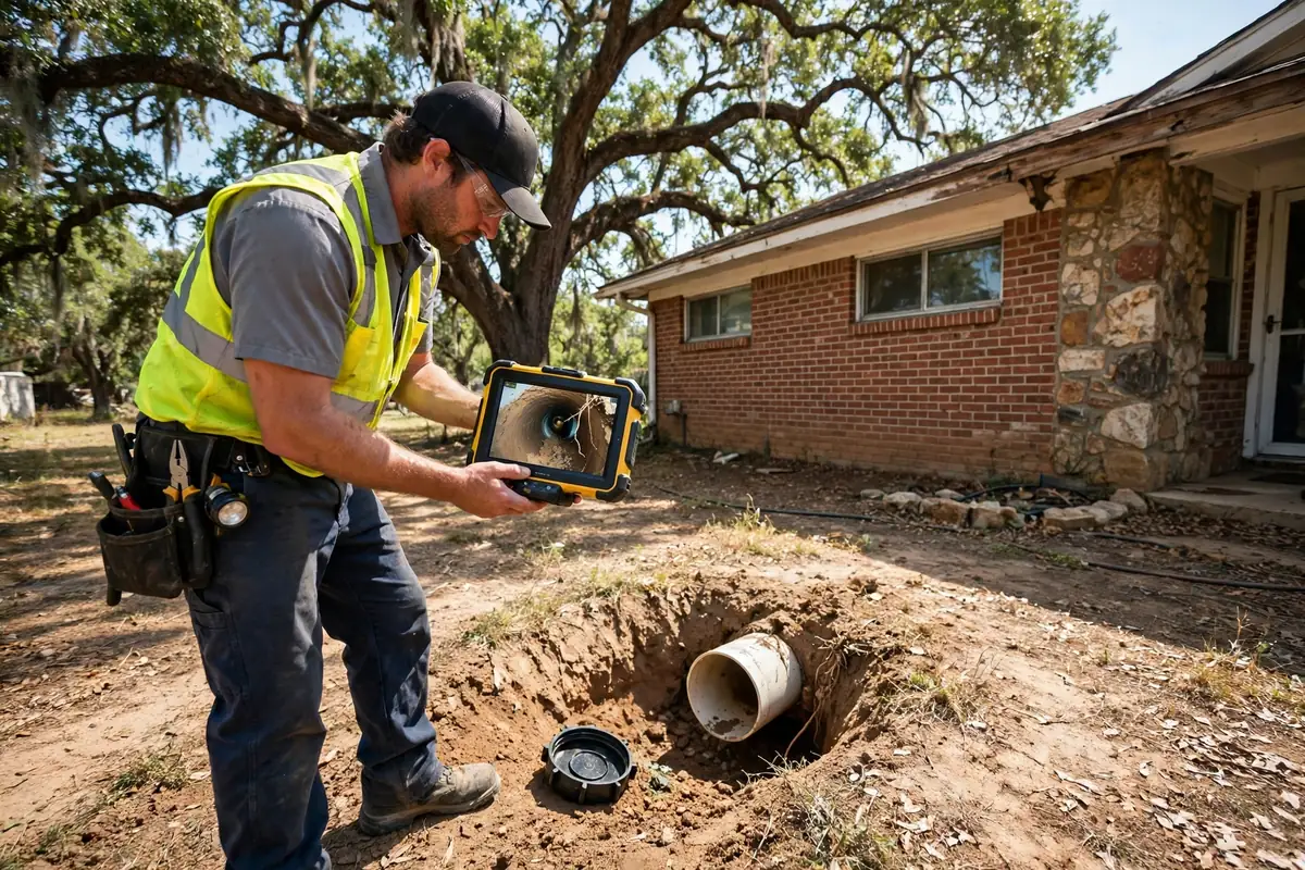 Drain Cleaning Amherst, TX — a technician with a sewer camera at a yard cleanout