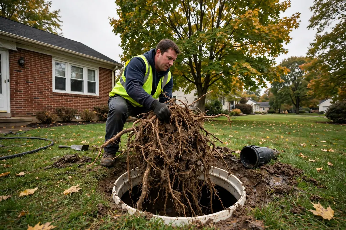 Drain Cleaning Amlin, OH — a technician clearing a drain at a home cleanout