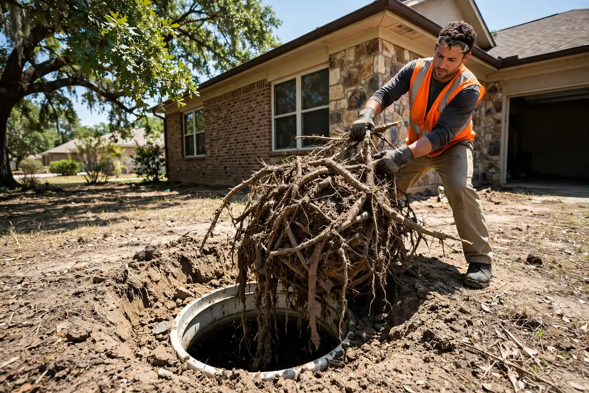 Drain Cleaning Anderson, TX — a technician clearing a drain at a home cleanout