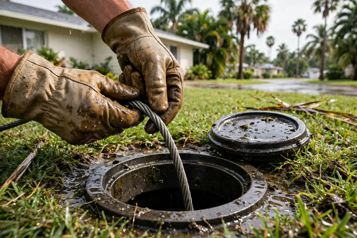 Drain Cleaning Anna Maria, FL — a drain pro clearing the main line at a suburban home