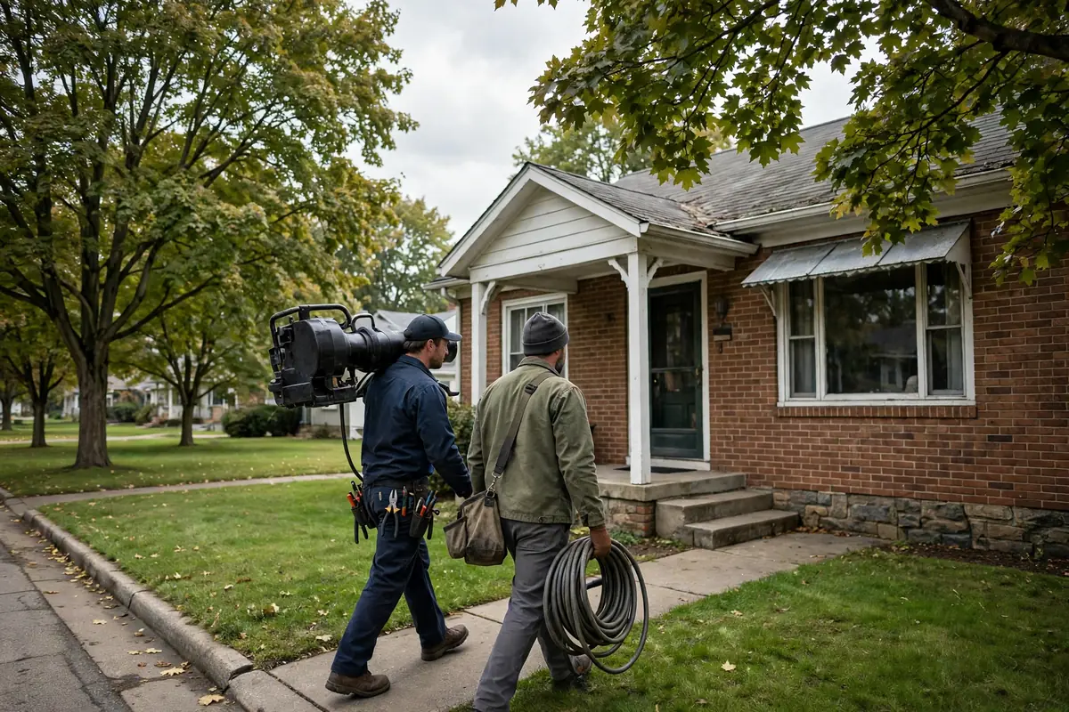 Drain Cleaning Ansonia, OH — a technician with a sewer camera at a yard cleanout