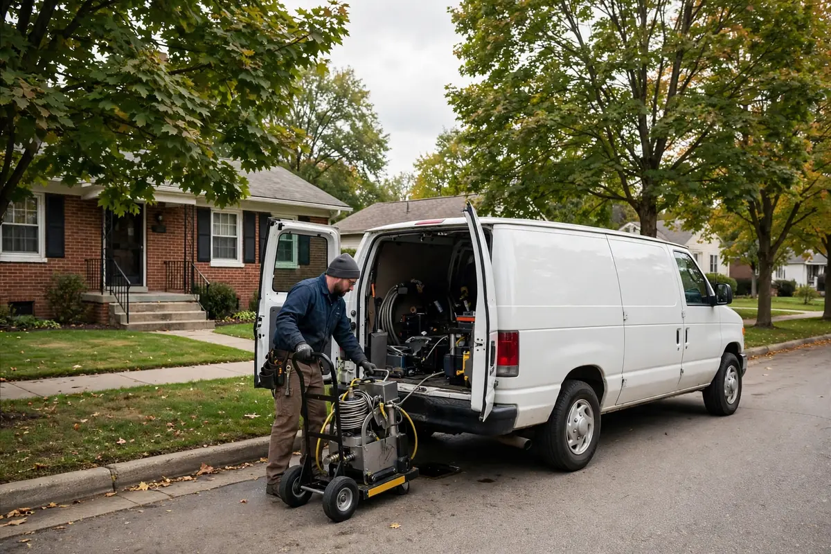 Drain Cleaning Arcadia, OH — a pro running a drain machine at an outdoor cleanout