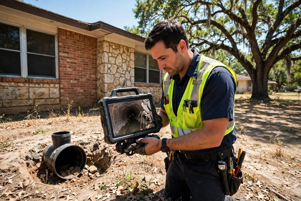 Drain Cleaning Arp, TX — a technician with a sewer camera at a yard cleanout