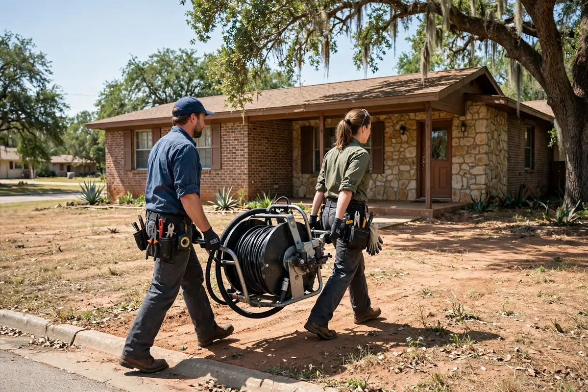 Drain Cleaning Athens, TX — a technician with a sewer camera at a yard cleanout
