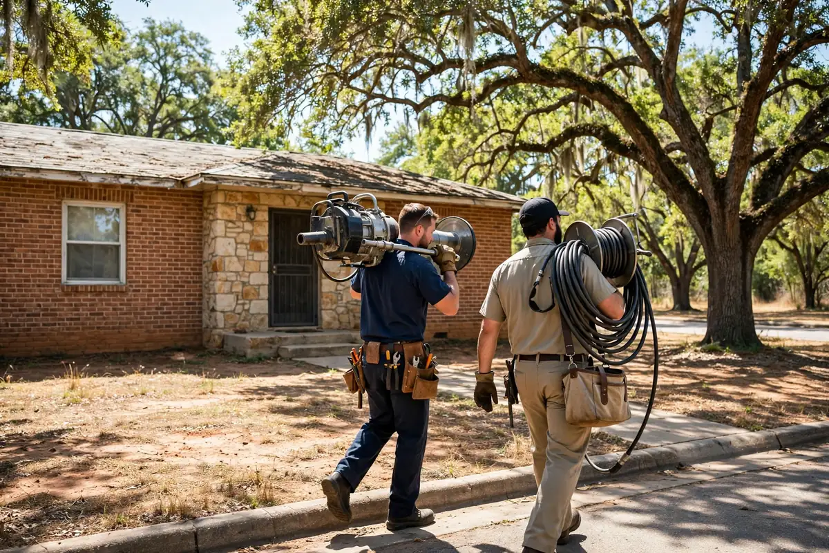 Drain Cleaning Ballinger, TX — a technician with a sewer camera at a yard cleanout