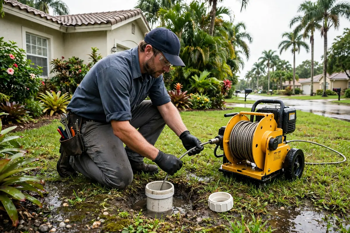 Drain Cleaning Bokeelia, FL — a technician clearing a drain at a home cleanout