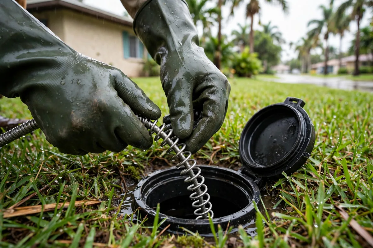Drain Cleaning Bradenton Beach, FL — a drain pro clearing the main line at a suburban home