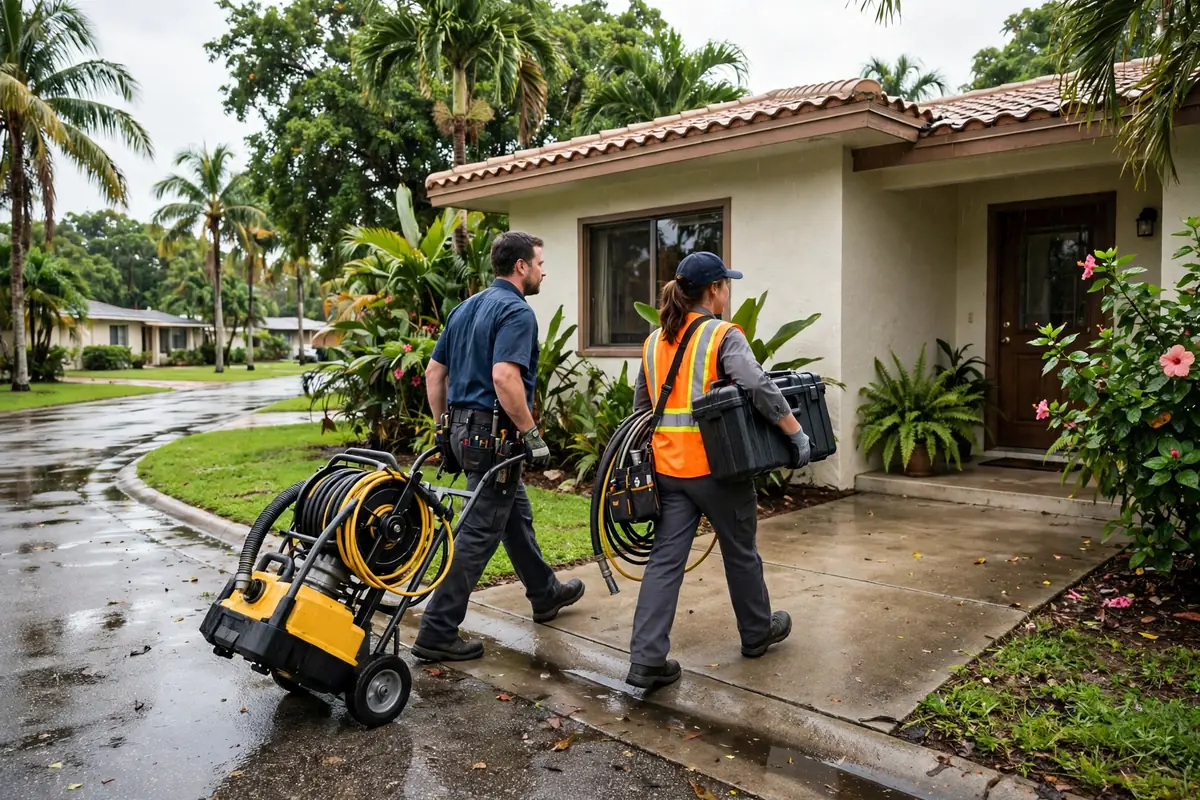 Drain Cleaning Bradenton, FL — a technician with a sewer camera at a yard cleanout