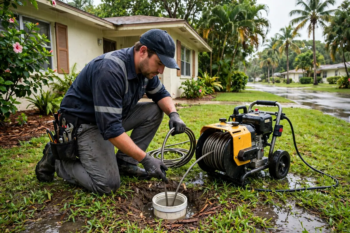Drain Cleaning Brooker, FL — a technician clearing a drain at a home cleanout