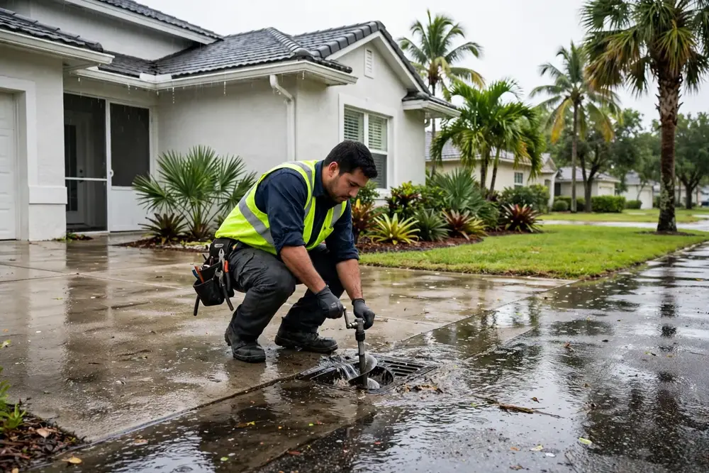Drain Cleaning Florida — a technician clearing a drain outside a Florida home after rain