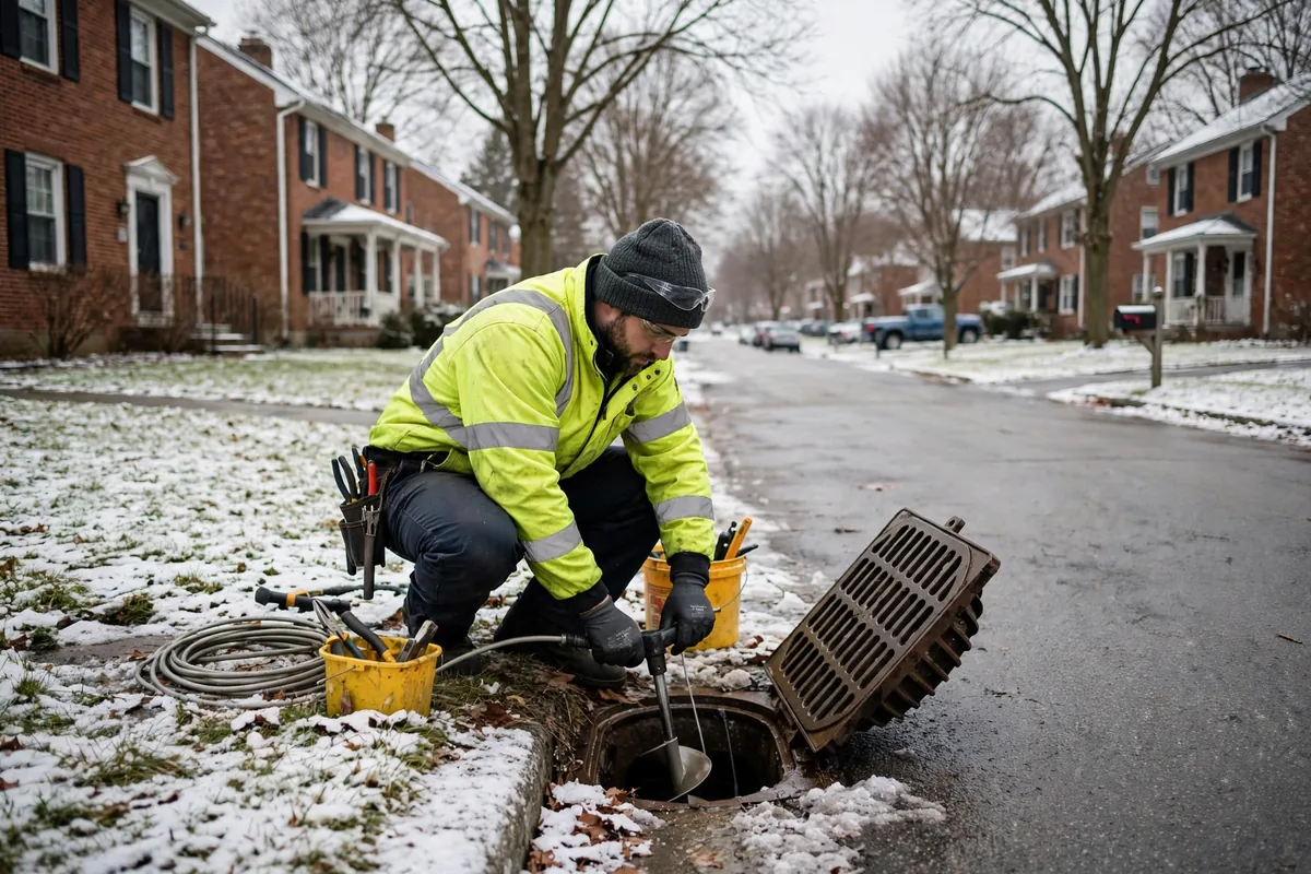 Drain Cleaning Ohio — a technician clearing a drain outside a Ohio home