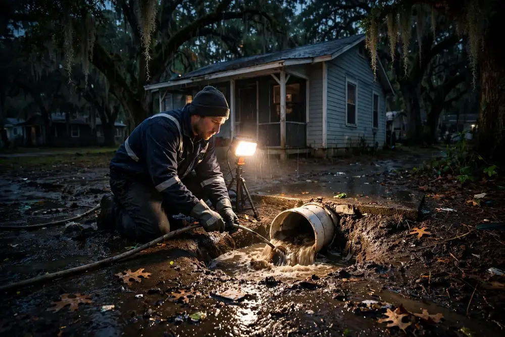 Emergency Drain Cleaning Alachua, FL — a technician clearing a backed-up main line at night under a work light