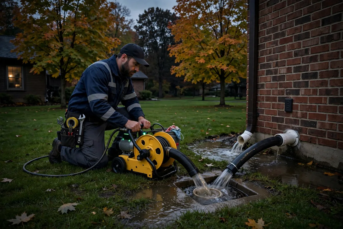 Emergency Drain Cleaning Alexandria, OH — a technician clearing a backed-up main line at night under a work light