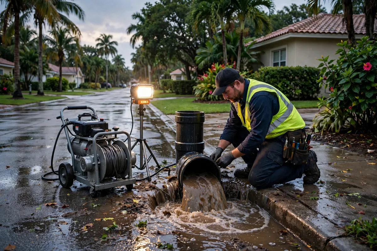 Emergency Drain Cleaning Altamonte Springs, FL — a technician clearing a backed-up main line at night under a work light