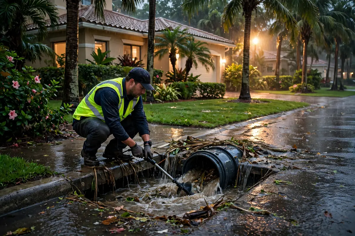 Emergency Drain Cleaning Altoona, FL — a technician clearing a backed-up main line at night under a work light