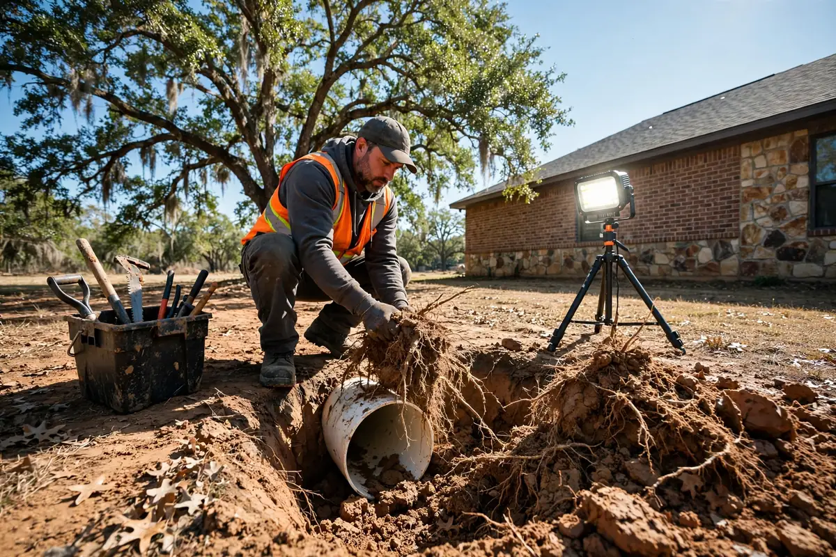 Emergency Drain Cleaning Amherst, TX — a technician clearing a backed-up main line at night under a work light