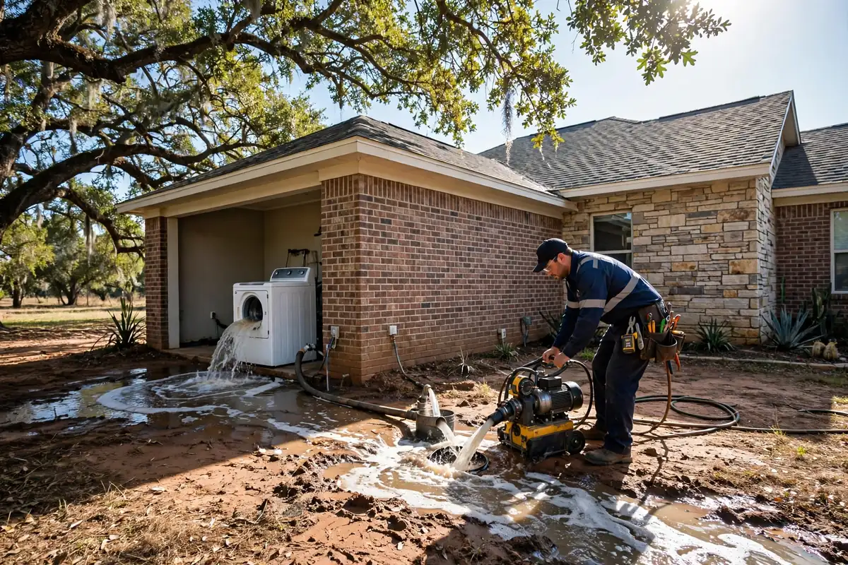Emergency Drain Cleaning Anahuac, TX — a technician clearing a backed-up main line at night under a work light