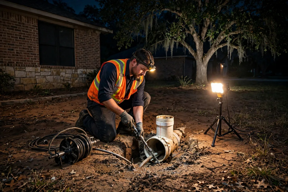 Emergency Drain Cleaning Anderson, TX — a technician clearing a backed-up main line at night under a work light