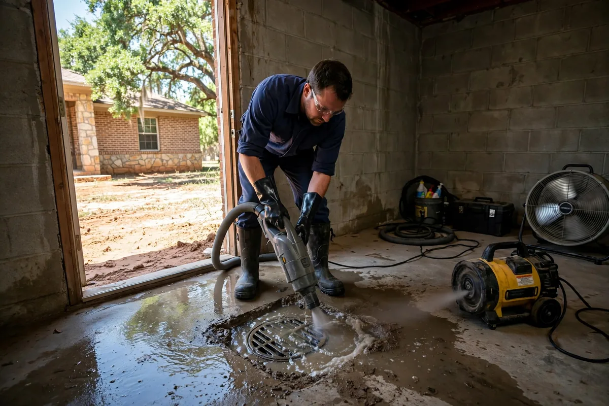 Emergency Drain Cleaning Andrews, TX — a technician clearing a backed-up main line at night under a work light