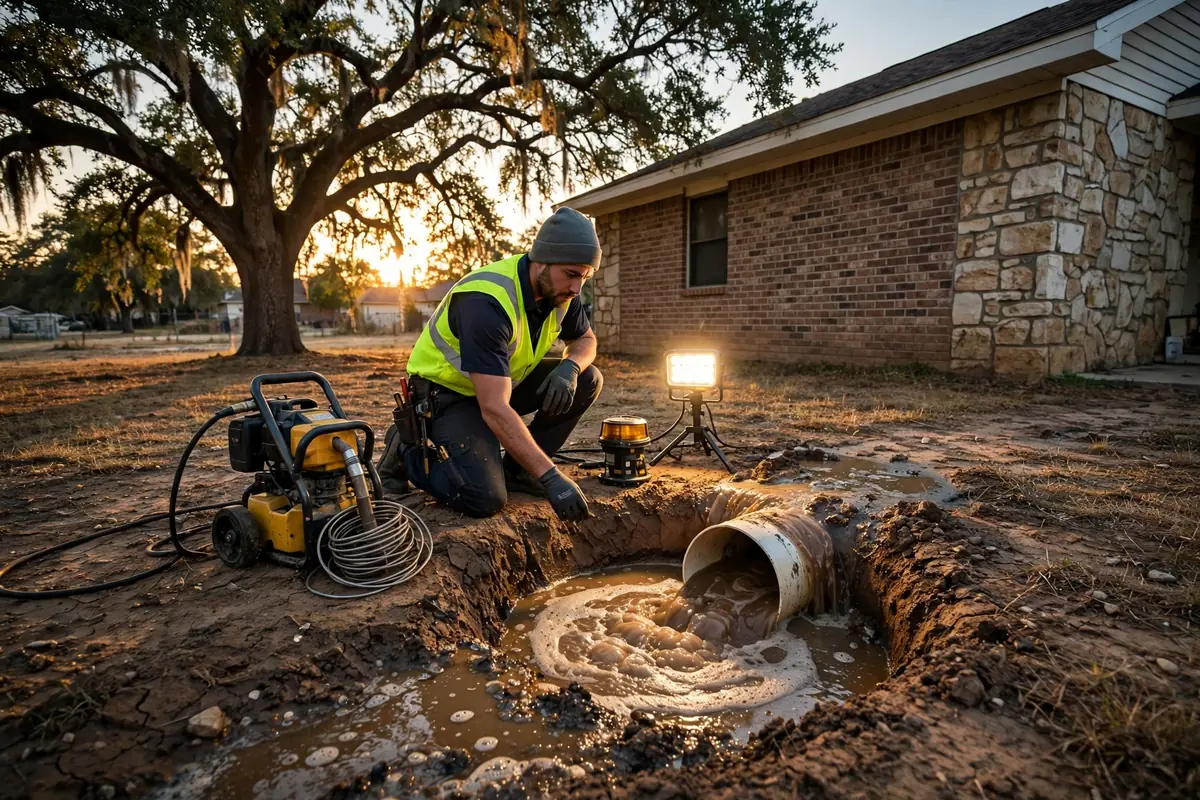Emergency Drain Cleaning Angleton, TX — a technician clearing a backed-up main line at night under a work light
