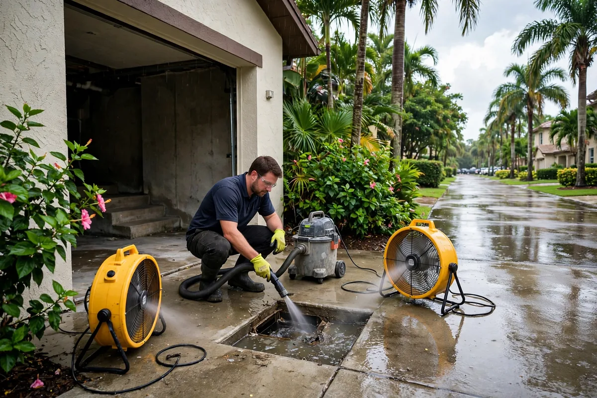 Emergency Drain Cleaning Apalachicola, FL — a technician clearing a backed-up main line at night under a work light