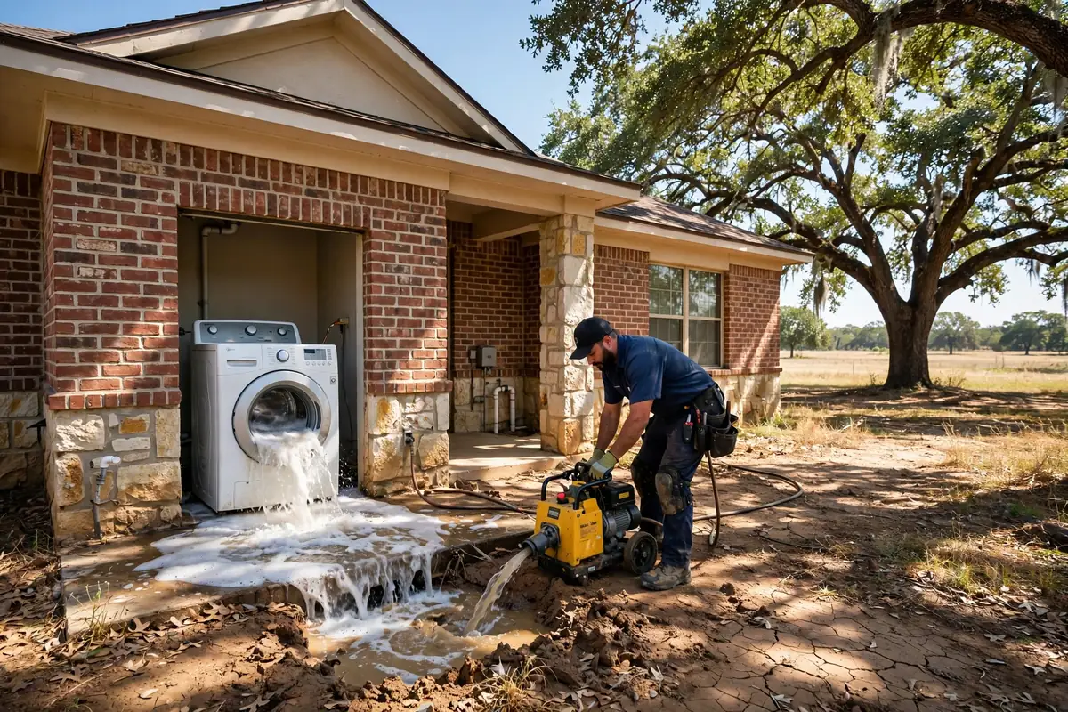 Emergency Drain Cleaning Aquilla, TX — a technician clearing a backed-up main line at night under a work light