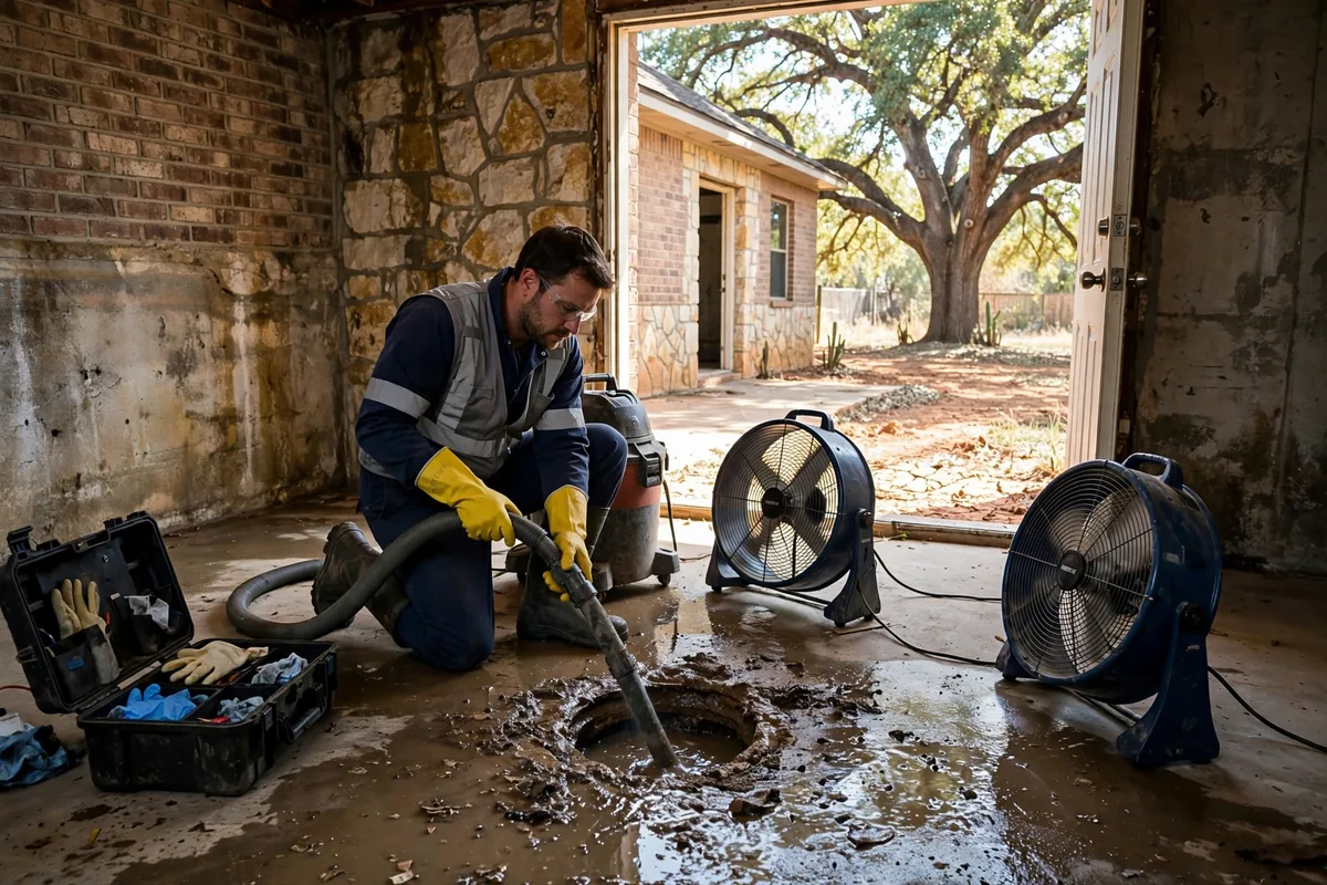 Emergency Drain Cleaning Arlington, TX — a technician clearing a backed-up main line at night under a work light