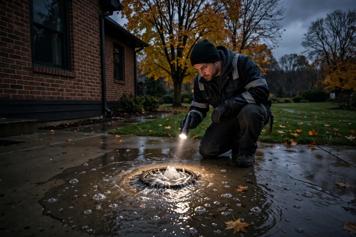 Emergency Drain Cleaning Ashville, OH — a technician clearing a backed-up main line at night under a work light