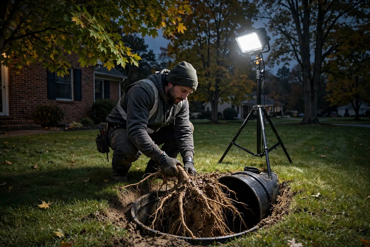 Emergency Drain Cleaning Atwater, OH — a technician clearing a backed-up main line at night under a work light